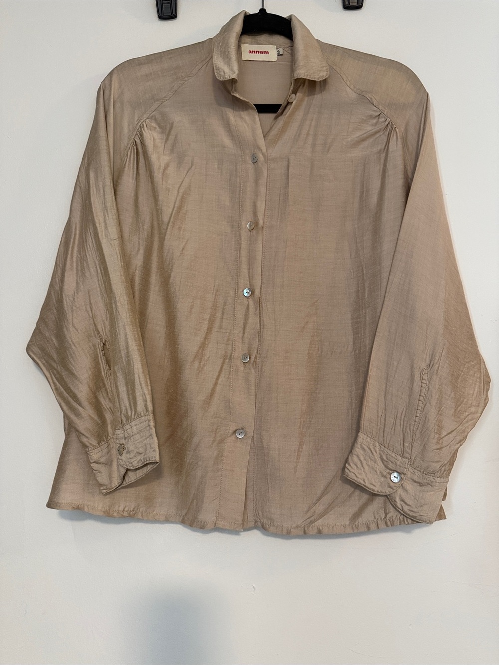 Anna Metallic Taupe Button-Front Shirt